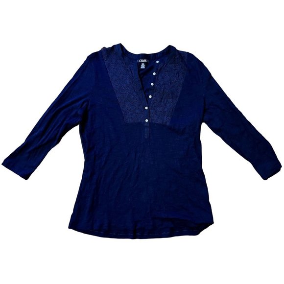 Chaps women's navy blue pullover v-neck top size L buttons & embroidery at neck - Picture 1 of 8